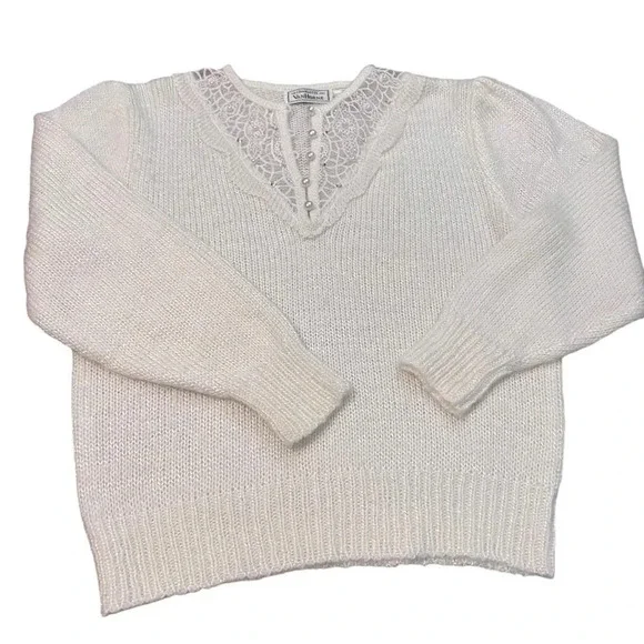 Vintage Charlotte VanHorne Cream Sweater Medium‎ Lace Pearl Embellished 80s - Picture 5 of 9